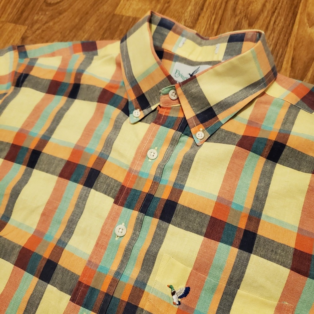 Vtg 80s Flying Scotsman Plaid Shirt Men XL Yellow Multi Color Mallard Duck
